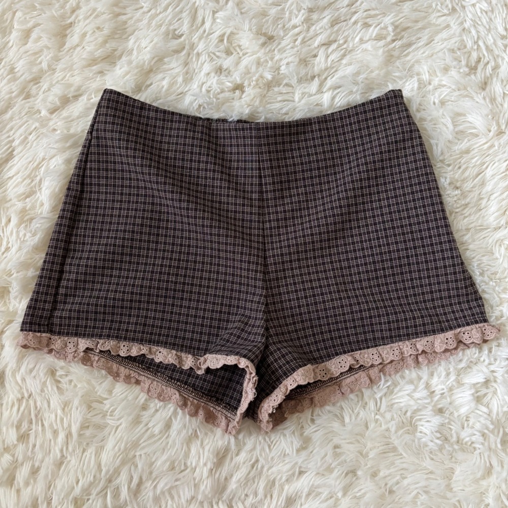 LA Hearts Brown Plaid Lace Trim High Waisted Shorts XS Coquette Dark Academia